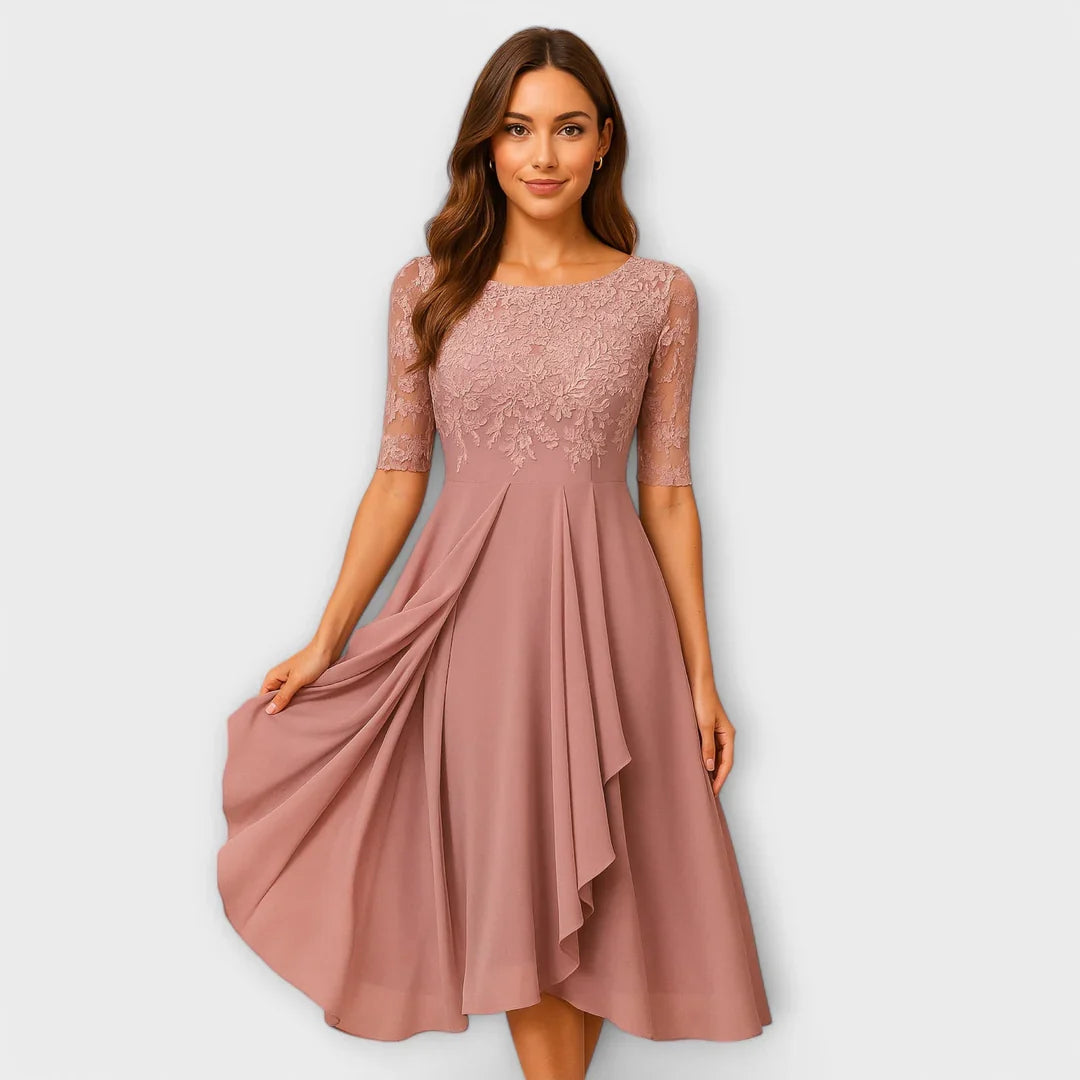 Zirelle™ | Vestido midi sofisticado con mangas de encaje románticas