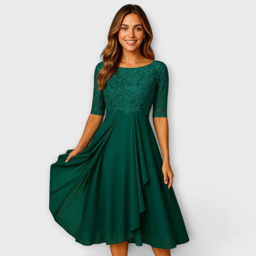 Zirelle™ | Vestido midi sofisticado con mangas de encaje románticas