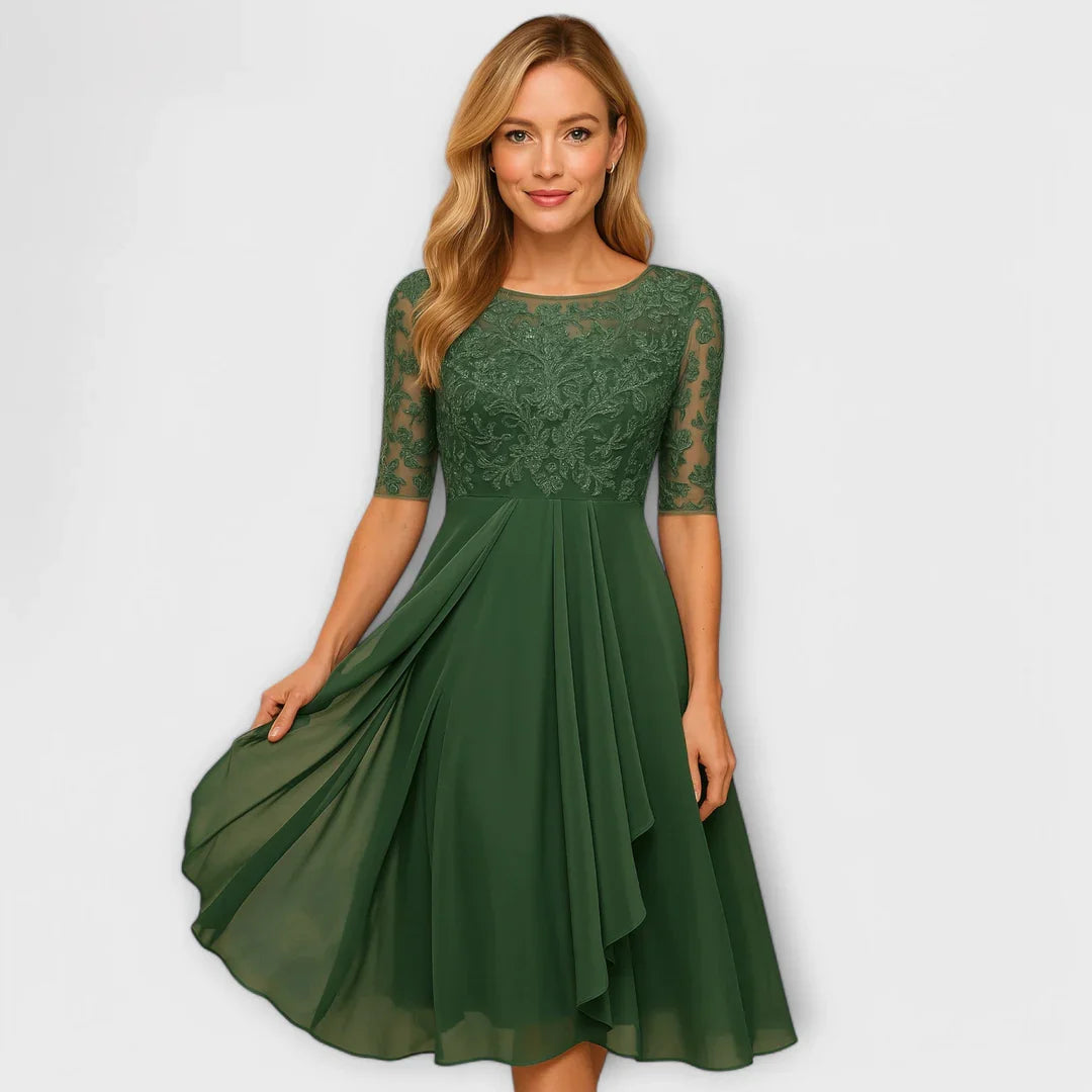 Zirelle™ | Vestido midi sofisticado con mangas de encaje románticas