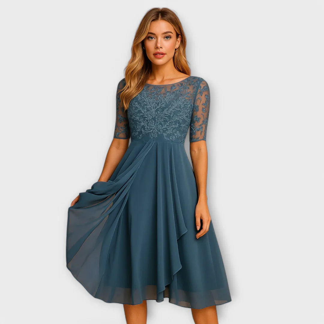 Zirelle™ | Vestido midi sofisticado con mangas de encaje románticas