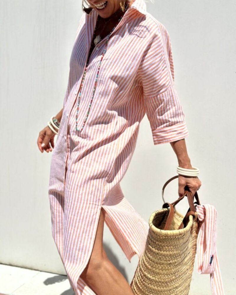 Vicenta | Vestido camisero de rayas con detalles de encaje