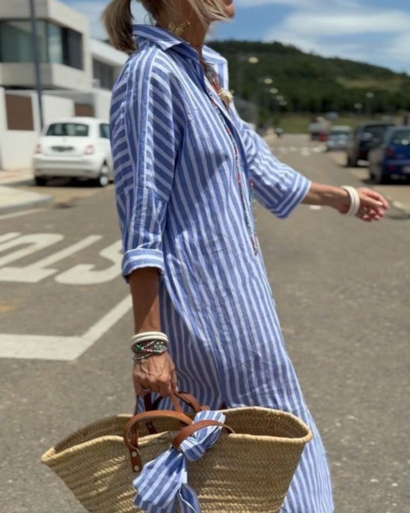 Vicenta | Vestido camisero de rayas con detalles de encaje