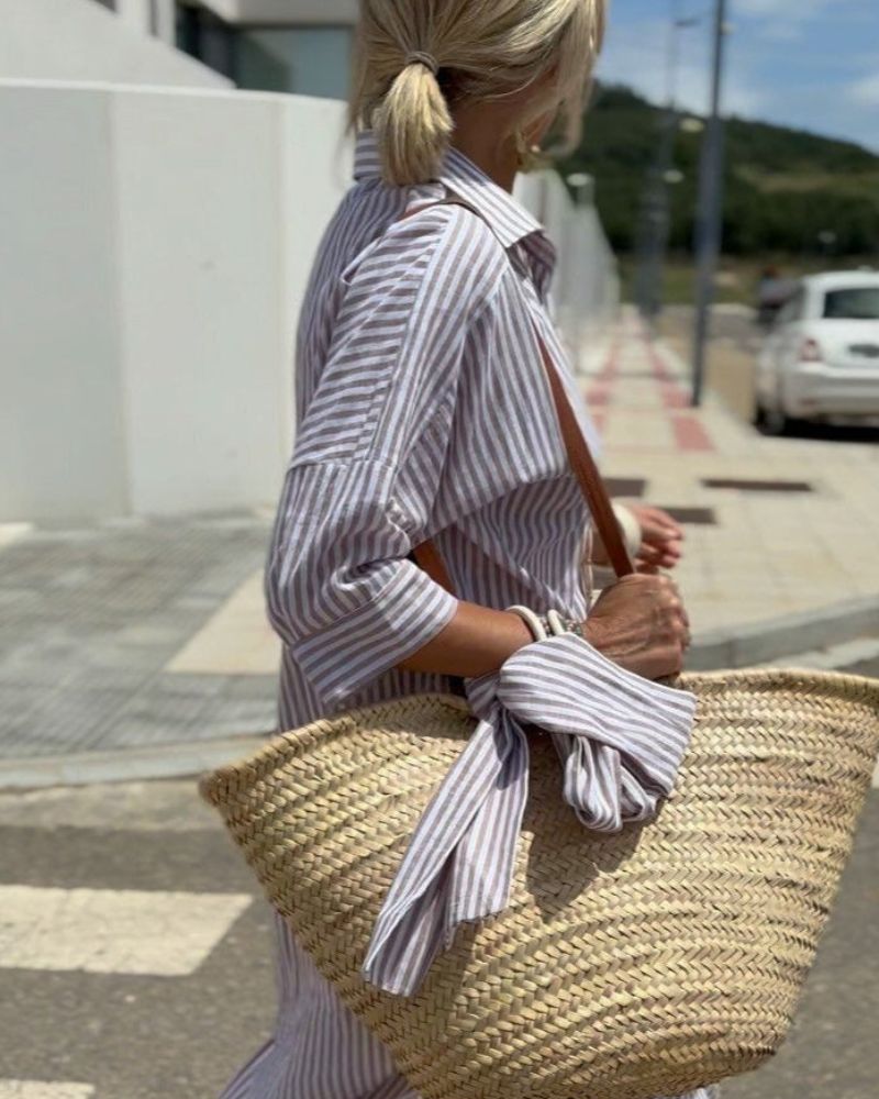 Vicenta | Vestido camisero de rayas con detalles de encaje