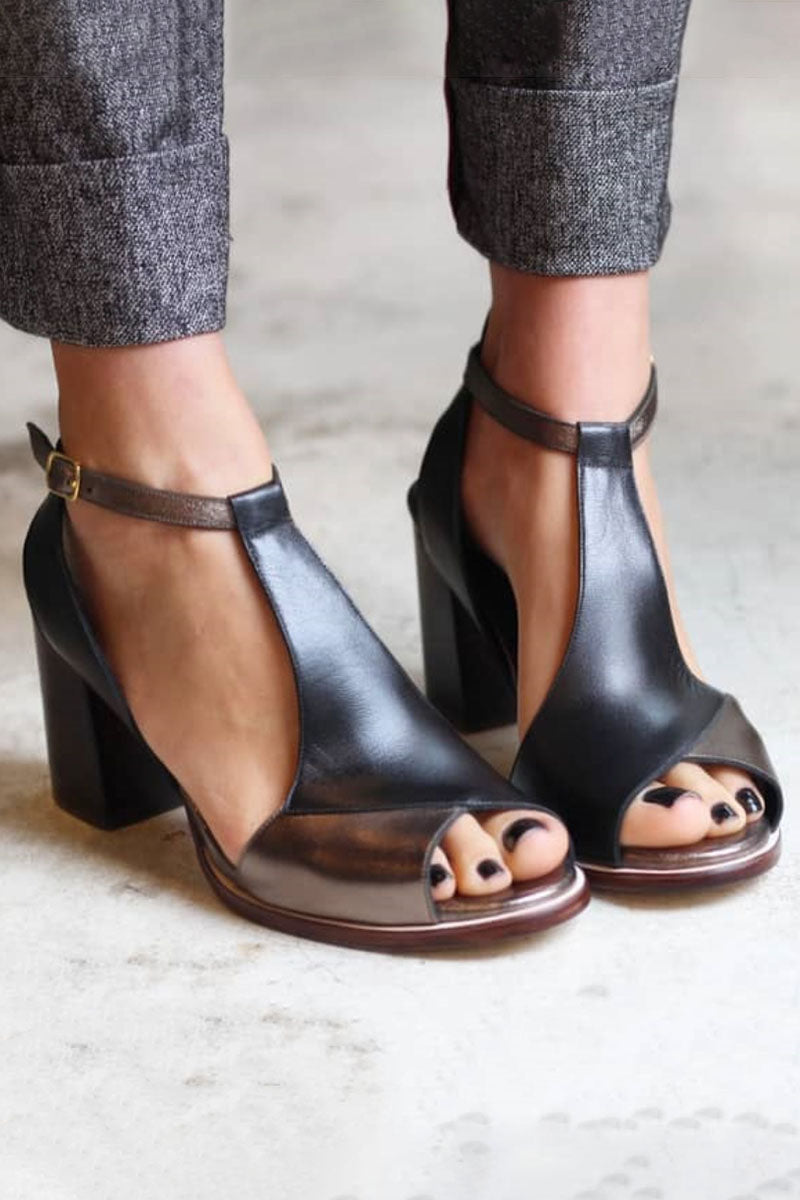 Anyao™ | Sandalias de tacón en patchwork negro