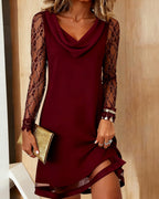 Monika | Elegancka Sukienka z Drapowanym Kołnierzem i Subtelnym Patchworkiem