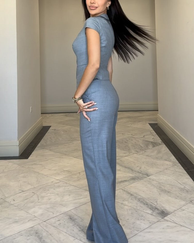 Elle | Komplet bluzka z dekoltem w serek i spodnie