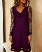 Monika | Elegancka Sukienka z Drapowanym Kołnierzem i Subtelnym Patchworkiem