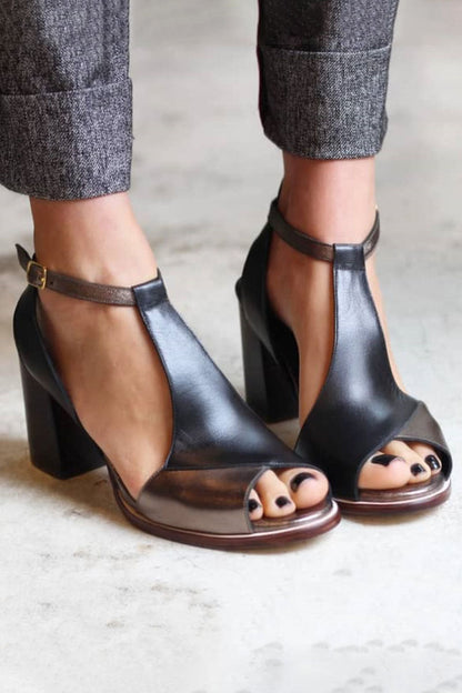 Anyao™ | Sandalias de tacón en patchwork negro