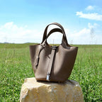 Women's Genuine Leather Silver Buckle Basket Bag