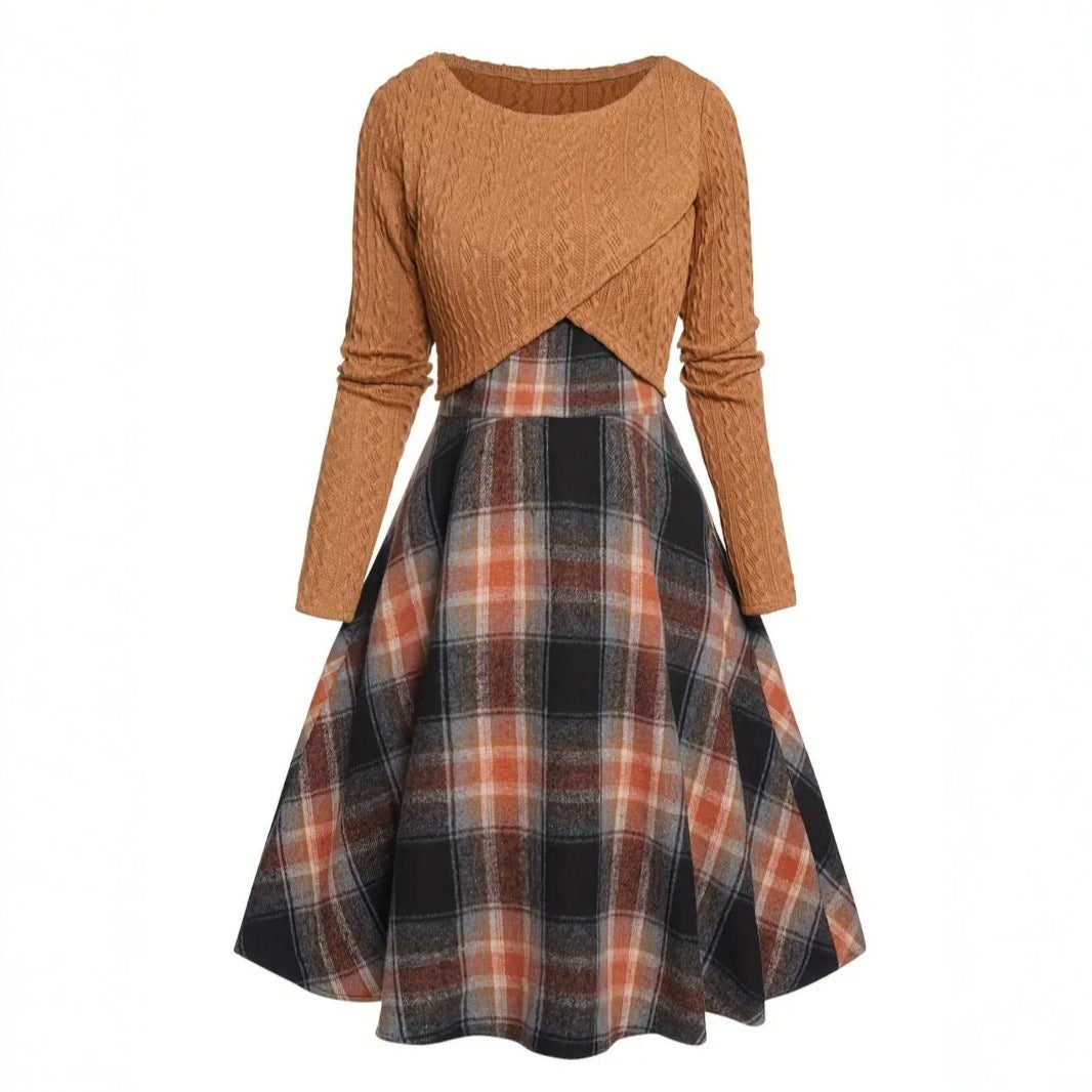 JORY™ - Vintage Round Neck Long Sleeve Crop Top and Plaid Dress