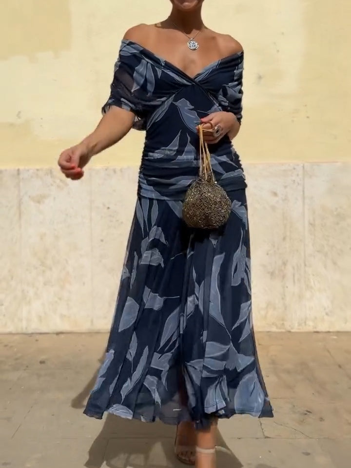 Belinda | Vestido elegancki azul oscuro con estampado de hojas