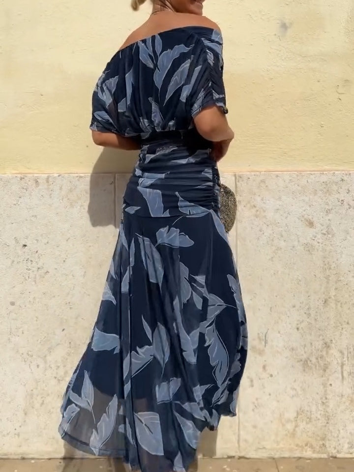 Belinda | Vestido elegante azul oscuro con estampado de hojas