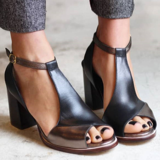 Anyao™ | Sandalias de tacón en patchwork negro