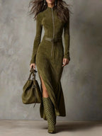 Adrianna | Brązowa zamszowa sukienka maxi z paskami i zamkami